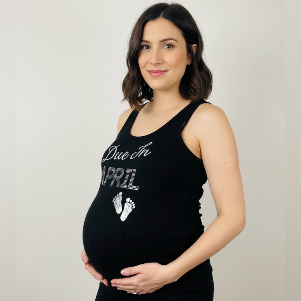🤰Motherhood Maternity Black Rhinestone Tank - “Due in April” - size M *** NWT**